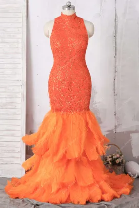 Orange Sequin Dramatic Feather Trumpet Plus Size High-neck Prom Dress