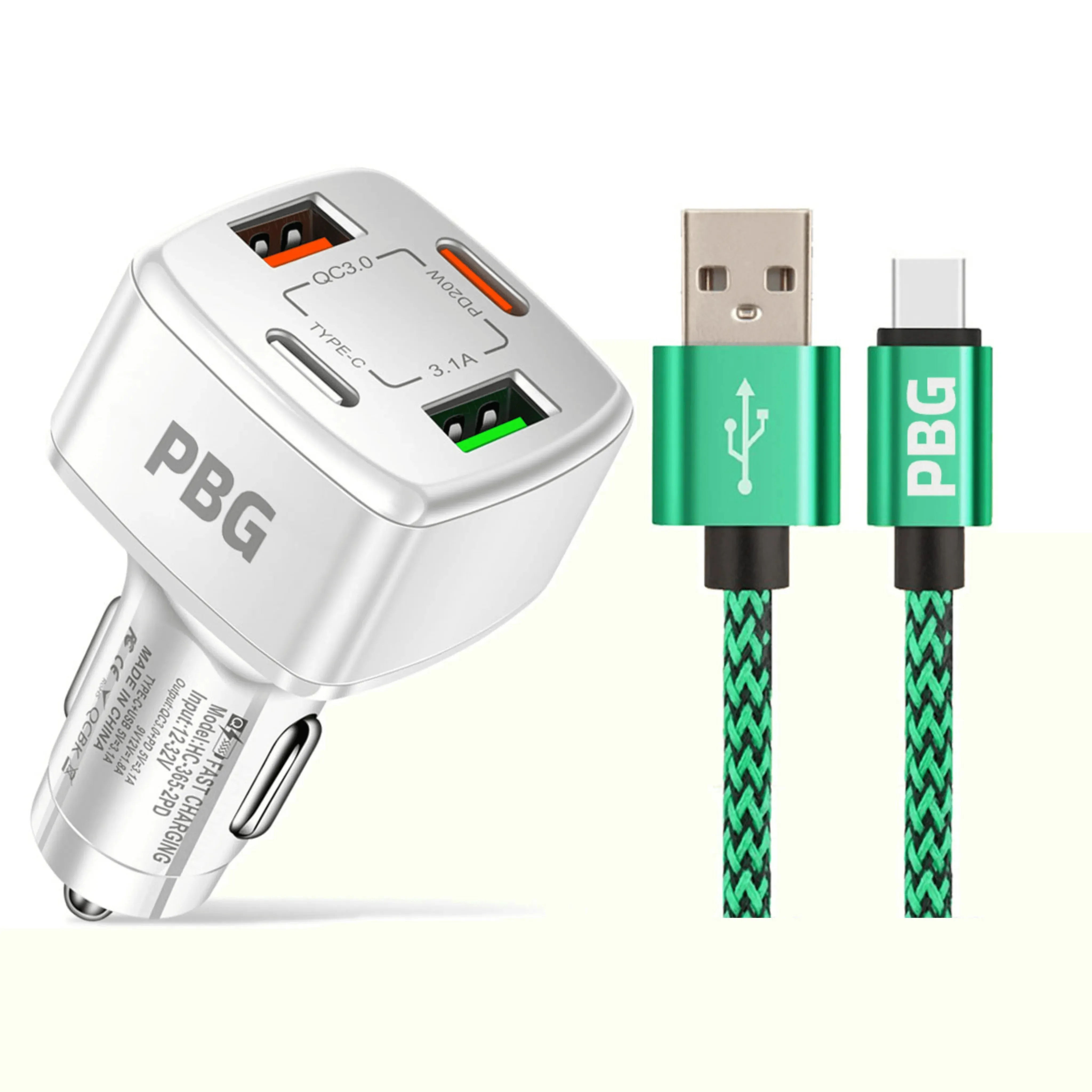 PBG White PD 4-Port Fast Car Charger with 10FT Zebra Style Wire iPhone Cable