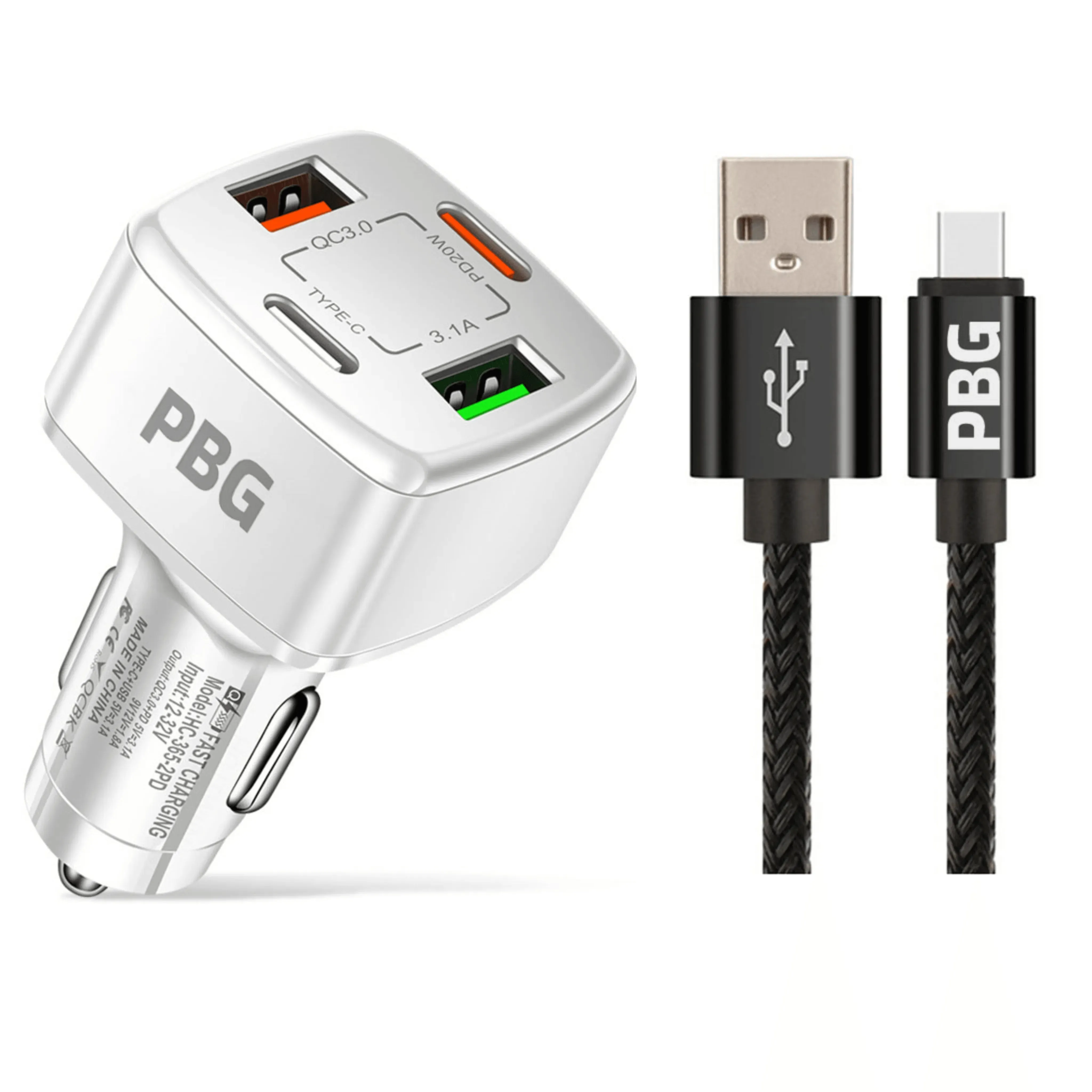 PBG White PD 4-Port Fast Car Charger with 10FT Zebra Style Wire iPhone Cable