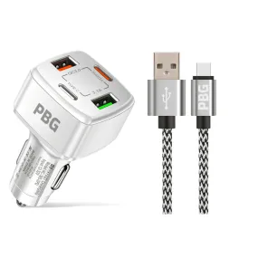 PBG White PD 4-Port Fast Car Charger with 10FT Zebra Style Wire iPhone Cable