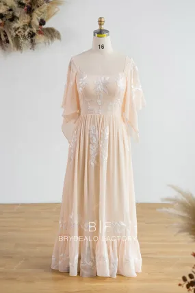 Peach Chiffon Flutter Sleeve Floor Length Plus Size Formal Dress