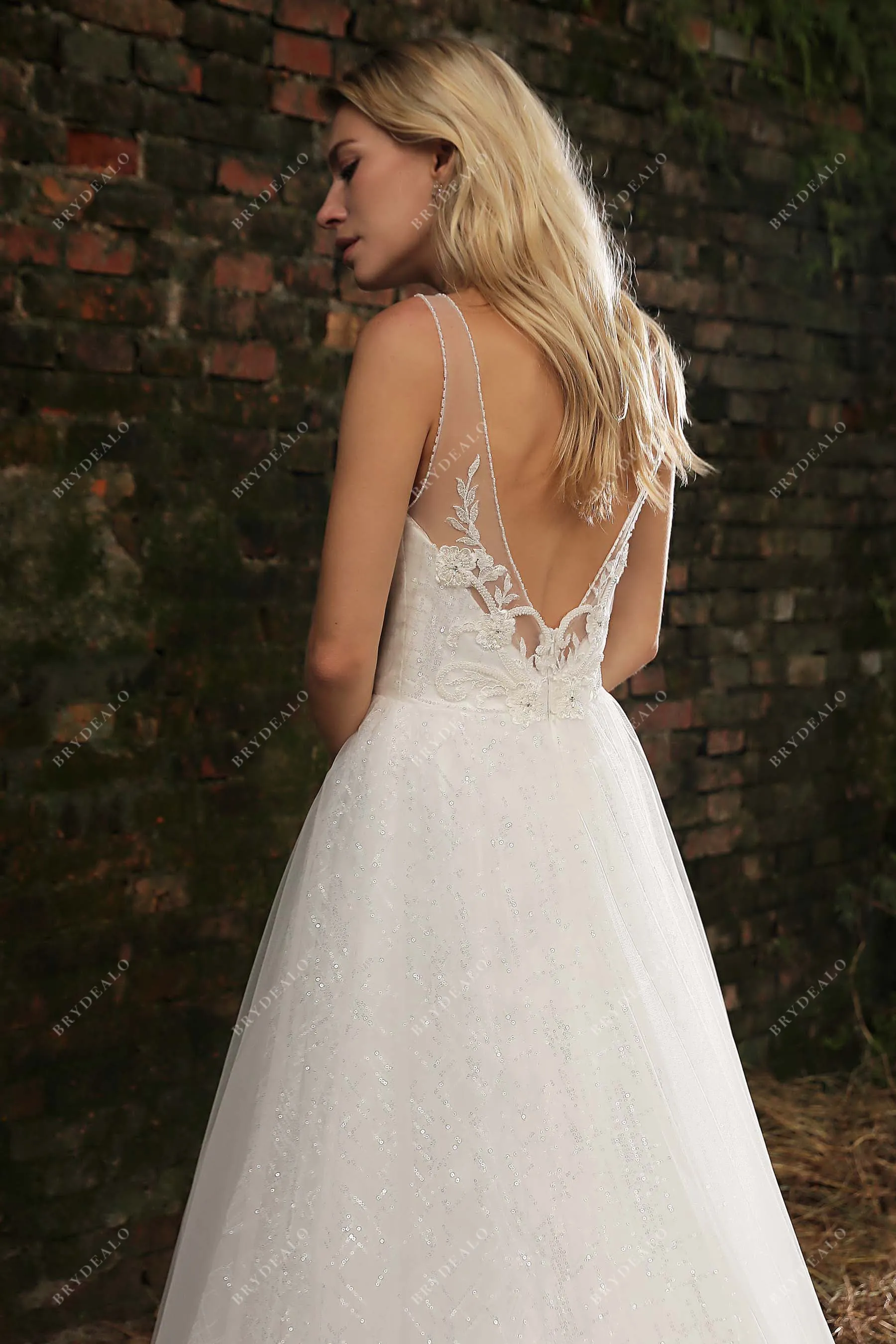 Plunging Neck Beaded Lace Destination Sequined Bridal Dress