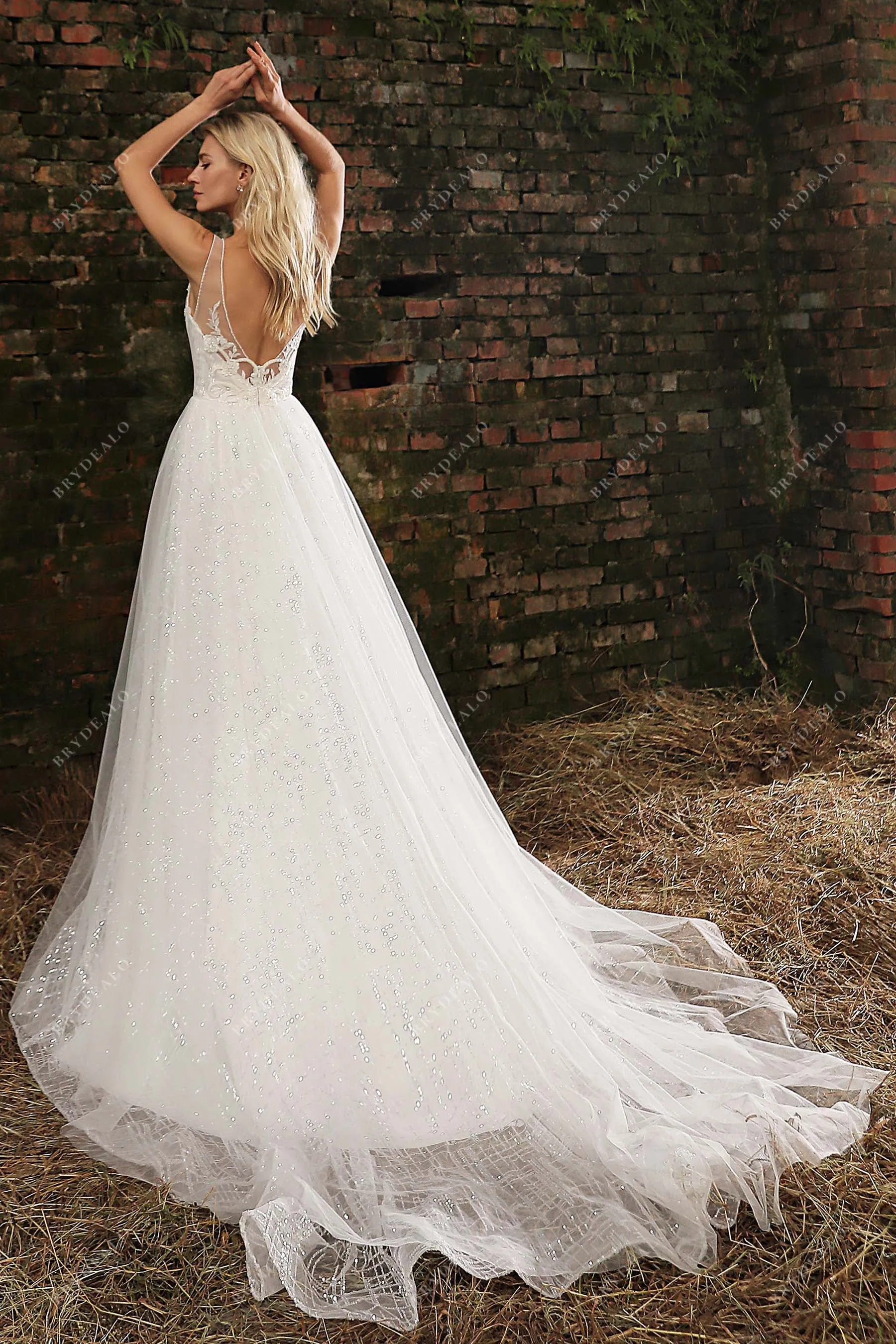 Plunging Neck Beaded Lace Destination Sequined Bridal Dress