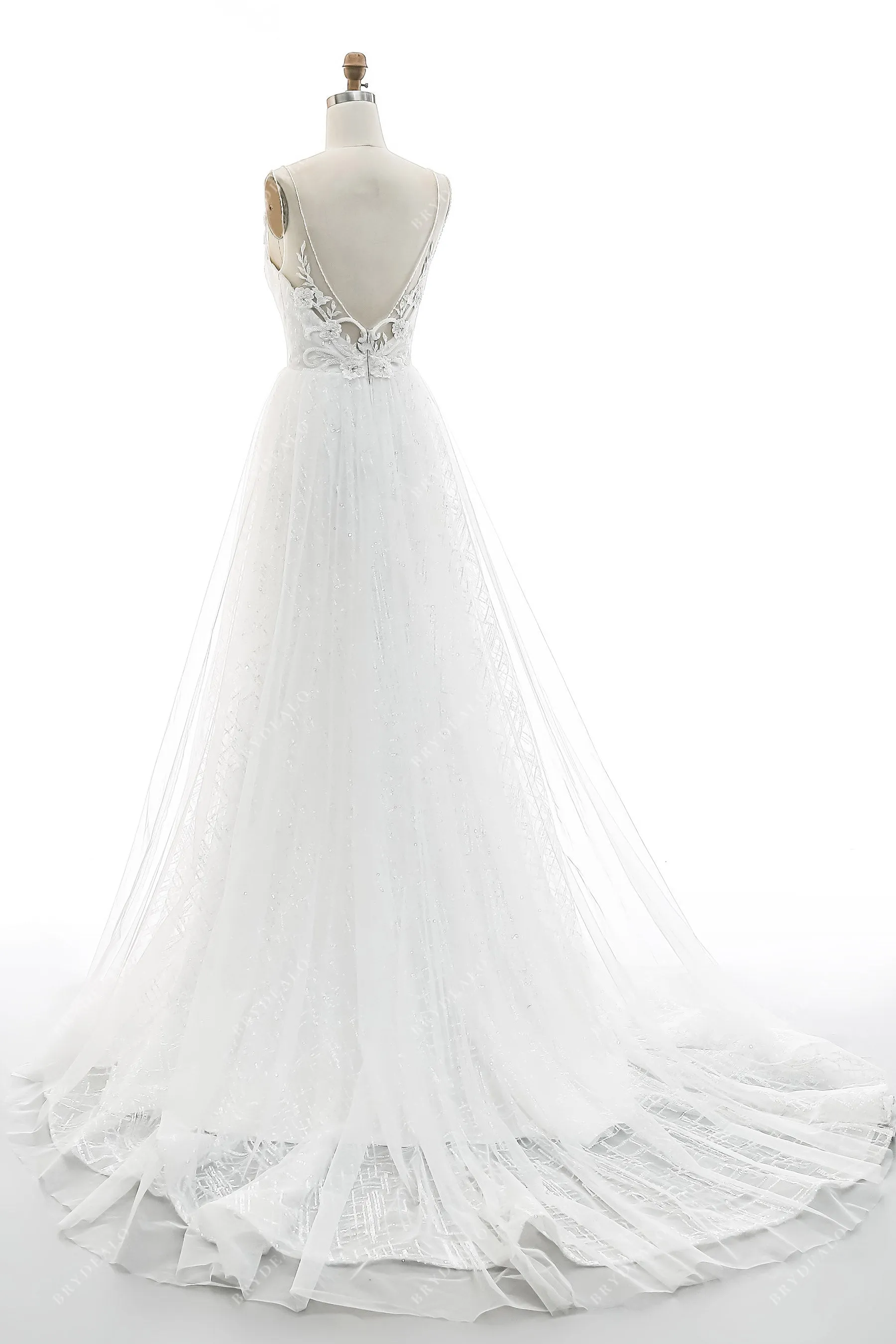 Plunging Neck Beaded Lace Destination Sequined Bridal Dress