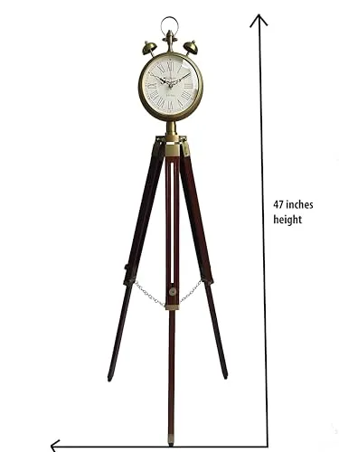 Quality Step Packers Wooden and Brass Antique Metal Tripod Floor Analog Clock with Stand, Two Bell Prop, Roman Numerals,