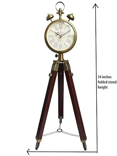 Quality Step Packers Wooden and Brass Antique Metal Tripod Floor Analog Clock with Stand, Two Bell Prop, Roman Numerals,