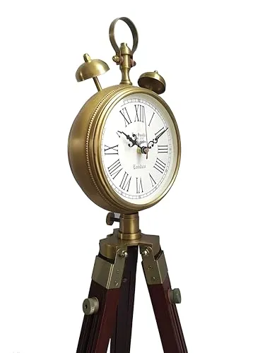 Quality Step Packers Wooden and Brass Antique Metal Tripod Floor Analog Clock with Stand, Two Bell Prop, Roman Numerals,