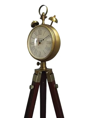 Quality Step Packers Wooden and Brass Antique Metal Tripod Floor Analog Clock with Stand, Two Bell Prop, Roman Numerals,