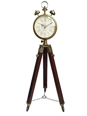 Quality Step Packers Wooden and Brass Antique Metal Tripod Floor Analog Clock with Stand, Two Bell Prop, Roman Numerals,