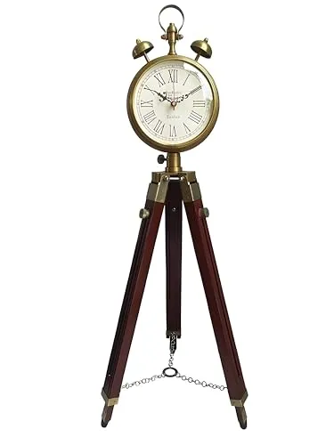 Quality Step Packers Wooden and Brass Antique Metal Tripod Floor Analog Clock with Stand, Two Bell Prop, Roman Numerals,