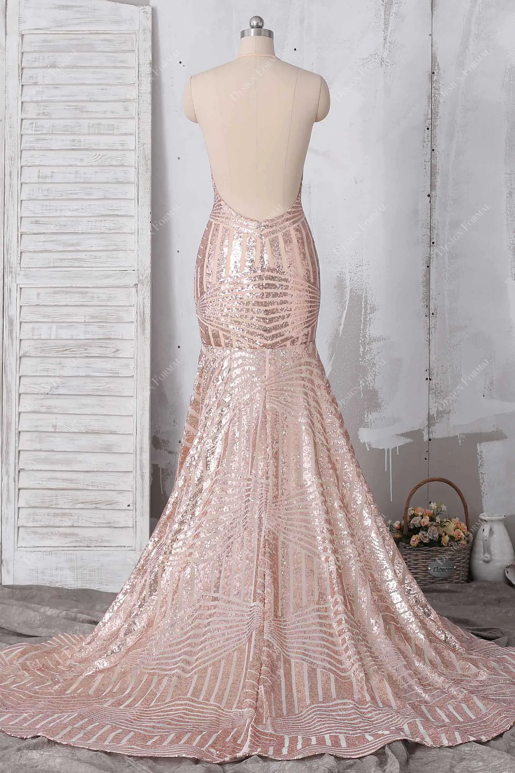 Rose Gold Sequin Halter Plunge Mermaid Dress