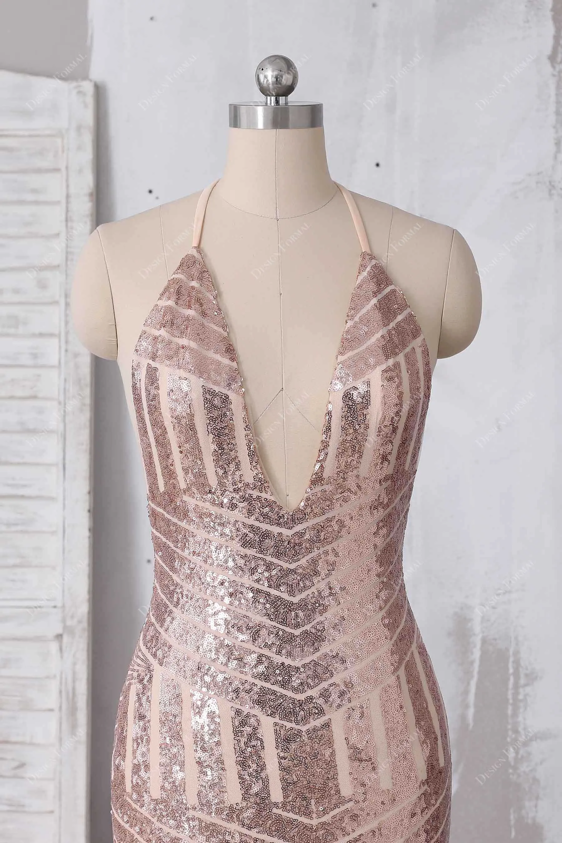 Rose Gold Sequin Halter Plunge Mermaid Dress