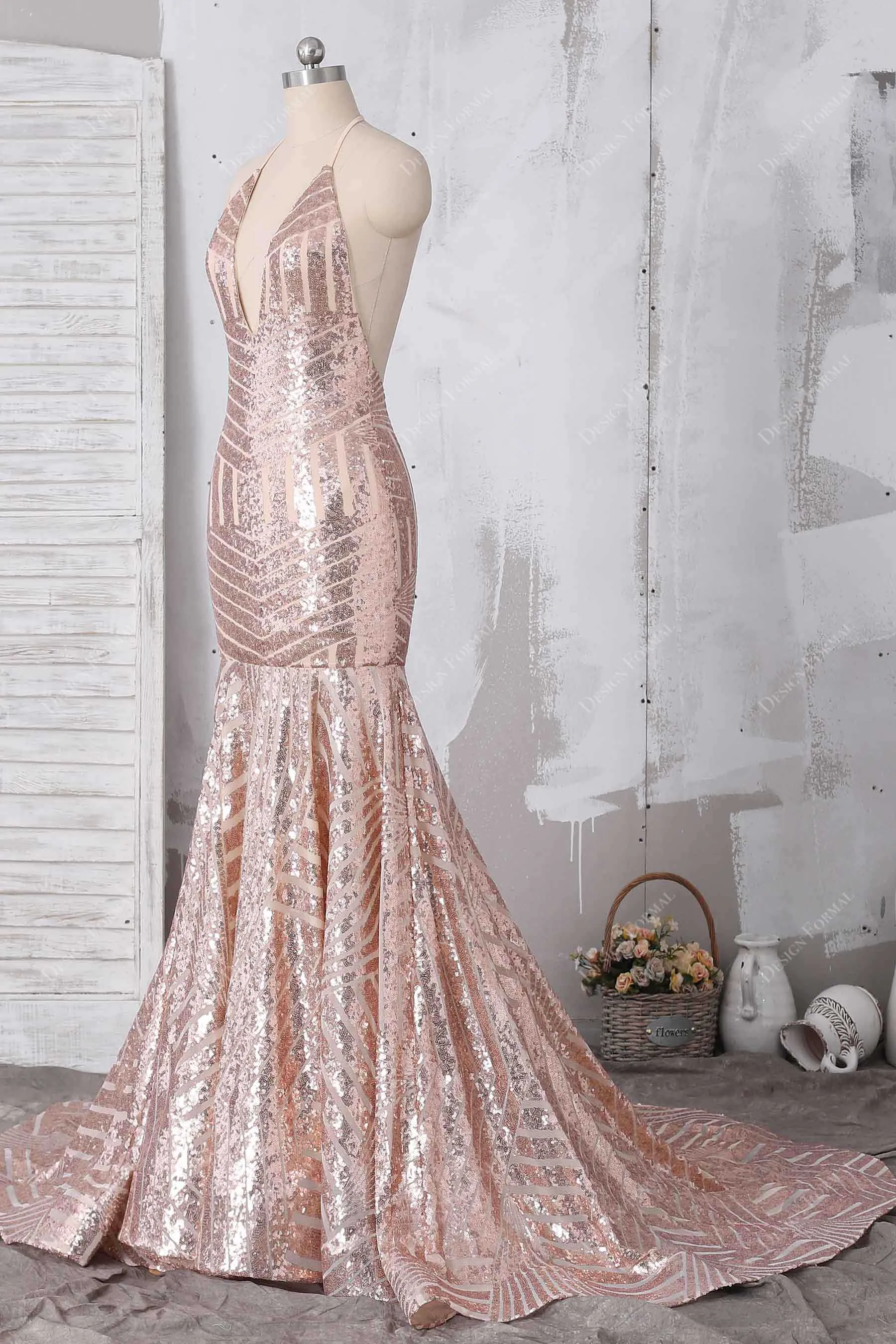 Rose Gold Sequin Halter Plunge Mermaid Dress