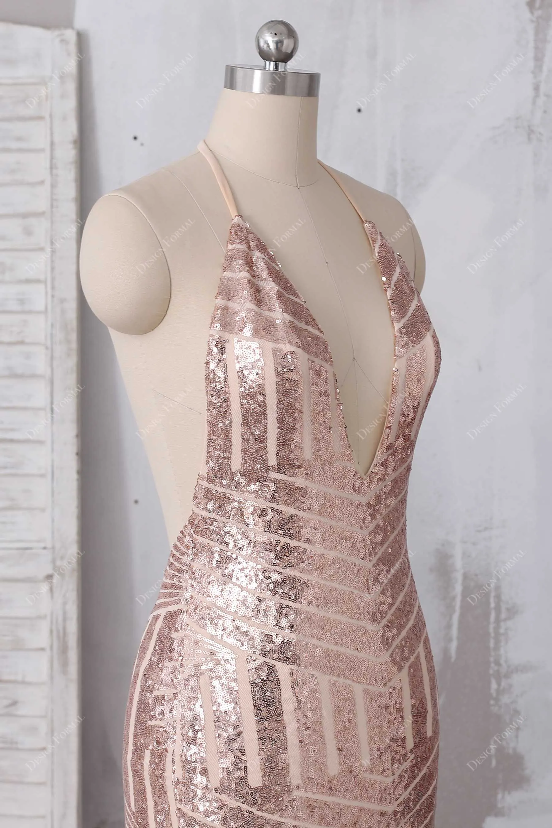 Rose Gold Sequin Halter Plunge Mermaid Dress