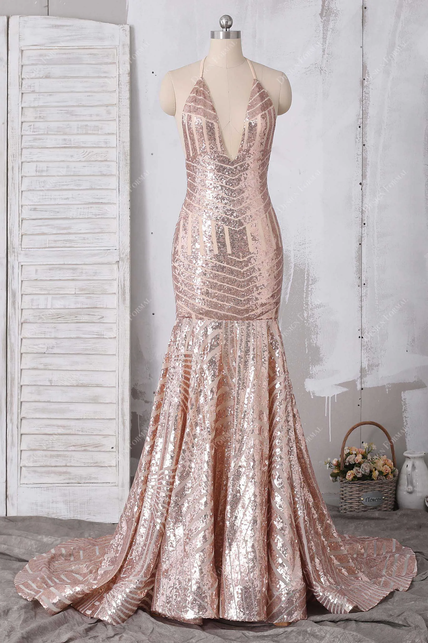 Rose Gold Sequin Halter Plunge Mermaid Dress