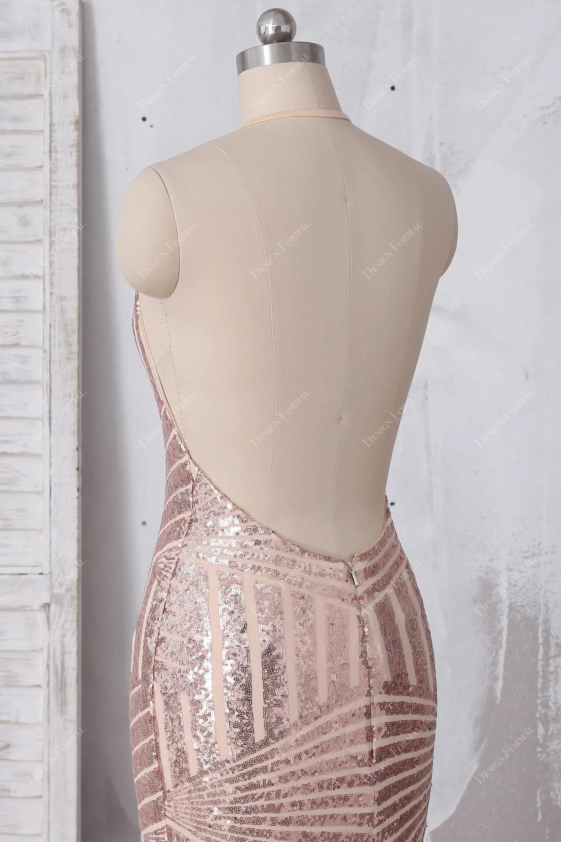 Rose Gold Sequin Halter Plunge Mermaid Dress