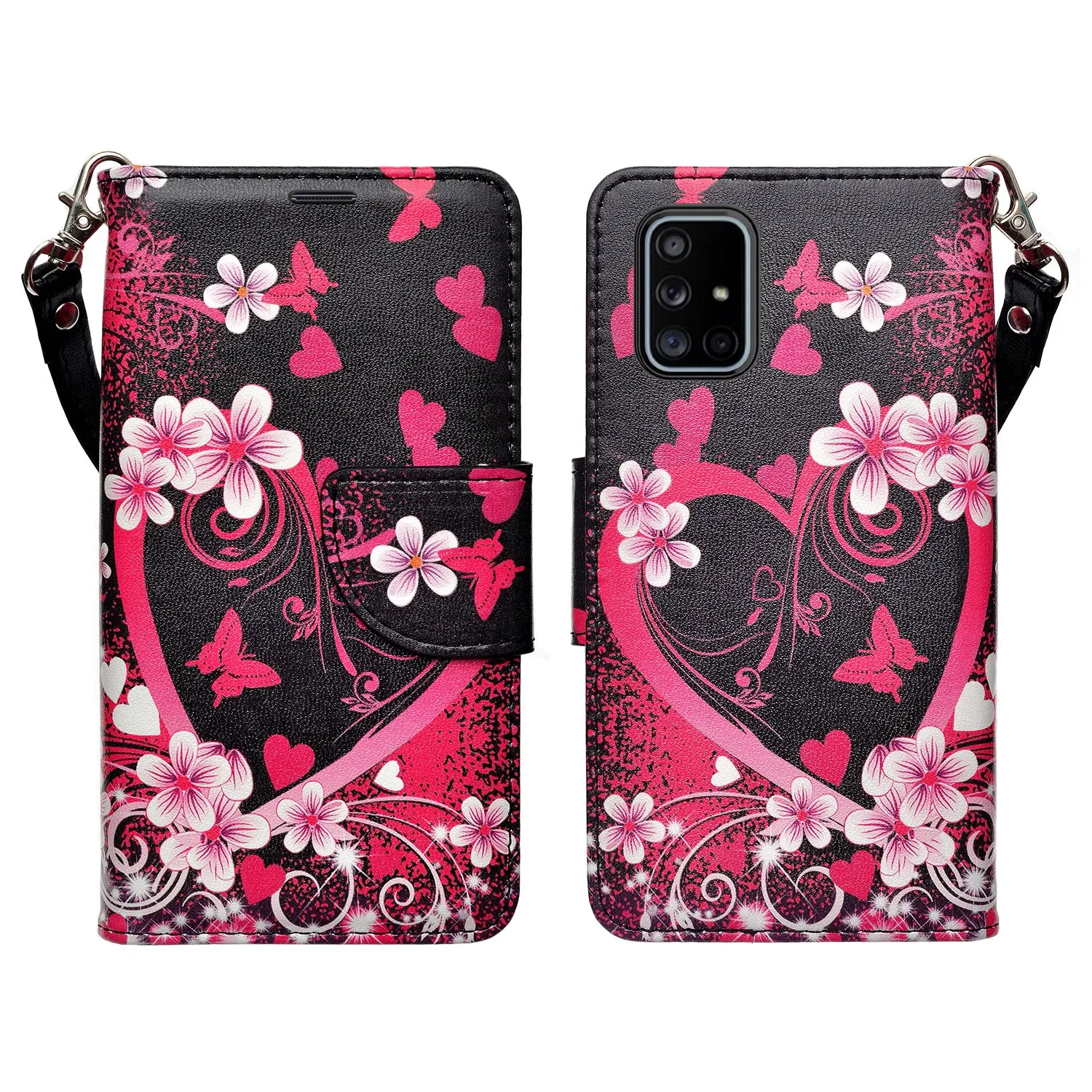 Samsung Galaxy A71 5G Case, Galaxy A71 5G Wallet Case, Wrist Strap Pu Leather Wallet Case [Kickstand] with ID & Credit Card Slots - Heart Butterfly