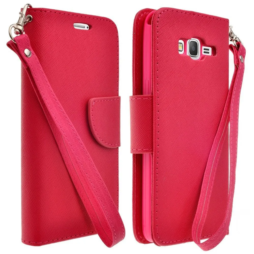 Samsung Galaxy Core Prime Wallet Case, Wrist Strap Flip [Kickstand] Pu Leather Wallet Case with ID & Credit Card Slots - Hot Pink