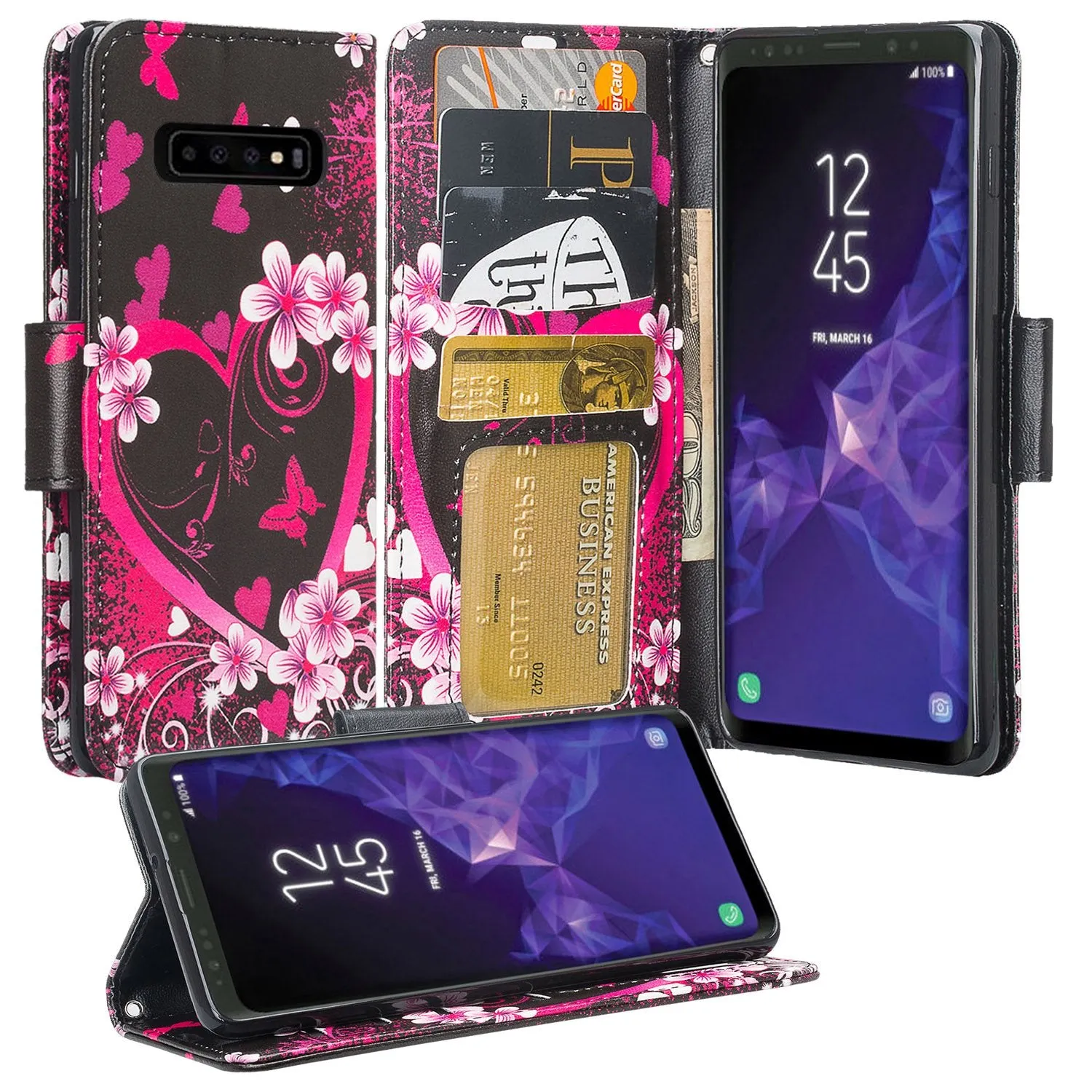 Samsung Galaxy S10 Case, Galaxy S10 Wallet Case, Wrist Strap Pu Leather Wallet Case [Kickstand] with ID & Credit Card Slots - Heart Butterflies