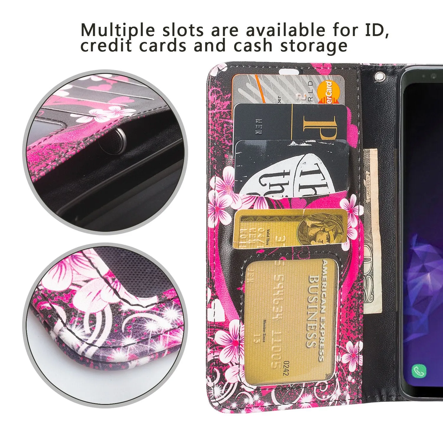 Samsung Galaxy S10 Case, Galaxy S10 Wallet Case, Wrist Strap Pu Leather Wallet Case [Kickstand] with ID & Credit Card Slots - Heart Butterflies