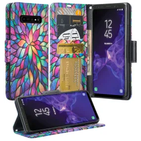 Samsung Galaxy S10 Plus Case, Galaxy S10  Wallet Case, Wrist Strap Pu Leather Wallet Case [Kickstand] with ID & Credit Card Slots - Rainbow Flower