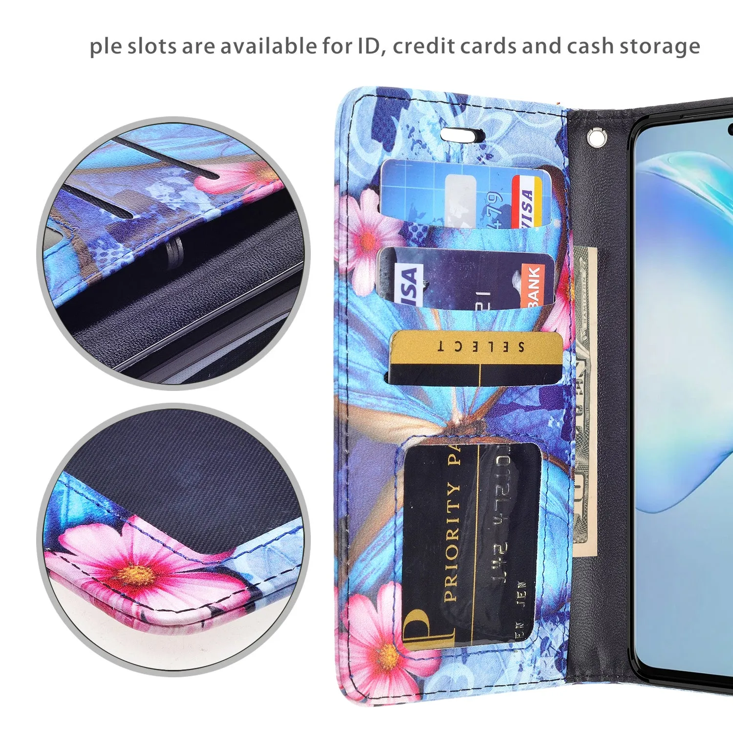 Samsung Galaxy S20 Ultra Case, Galaxy S20 Ultra Wallet Case, Wrist Strap Pu Leather Wallet Case [Kickstand] with ID & Credit Card Slots - Blue Butterfly