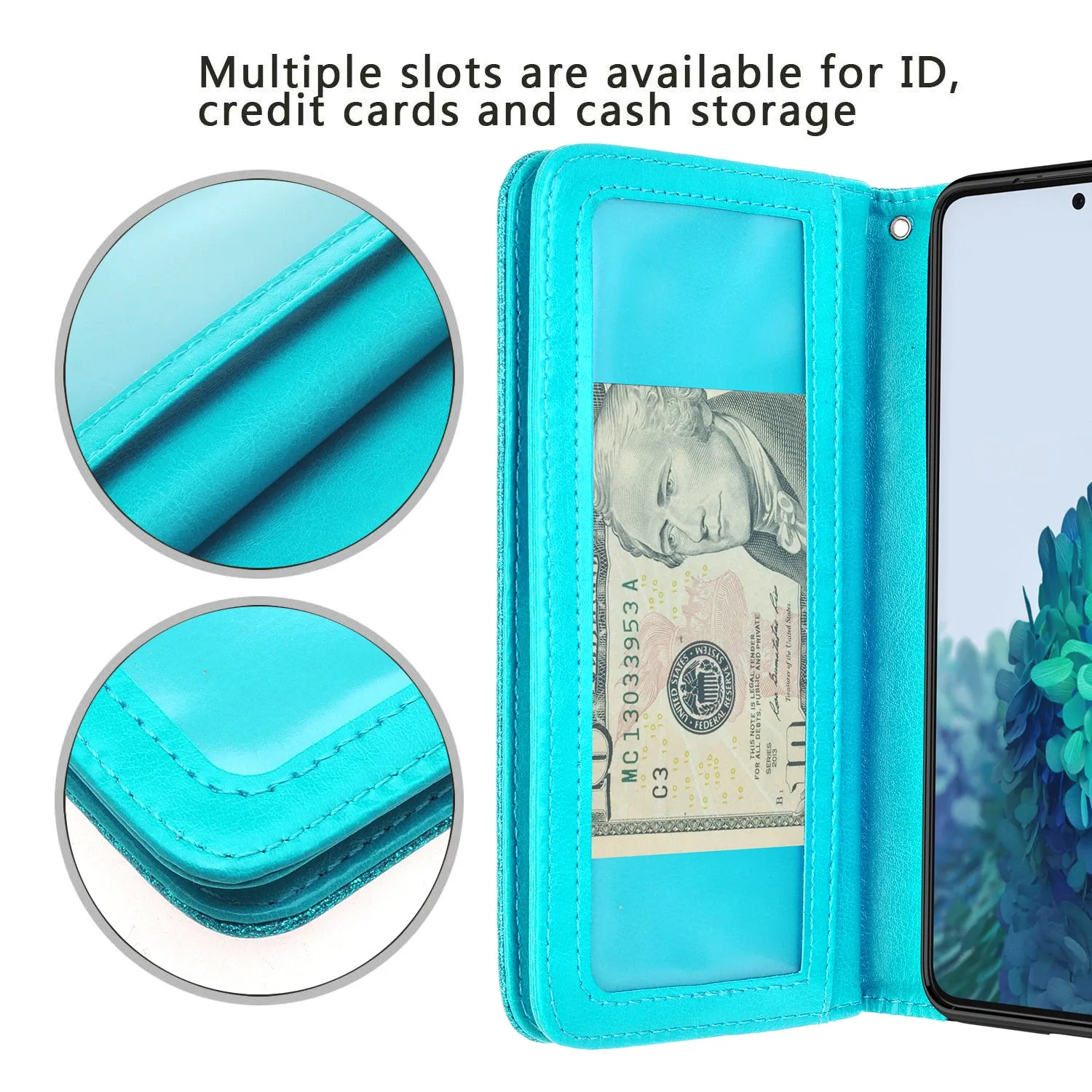 Samsung Galaxy S21  Case, Galaxy S21 Plus Case, Glitter Faux Leather Flip Credit Card Holder Wrist Strap Shockproof Protective Wallet Case Clutch for Galaxy S21  /Galaxy S21 Plus - Teal