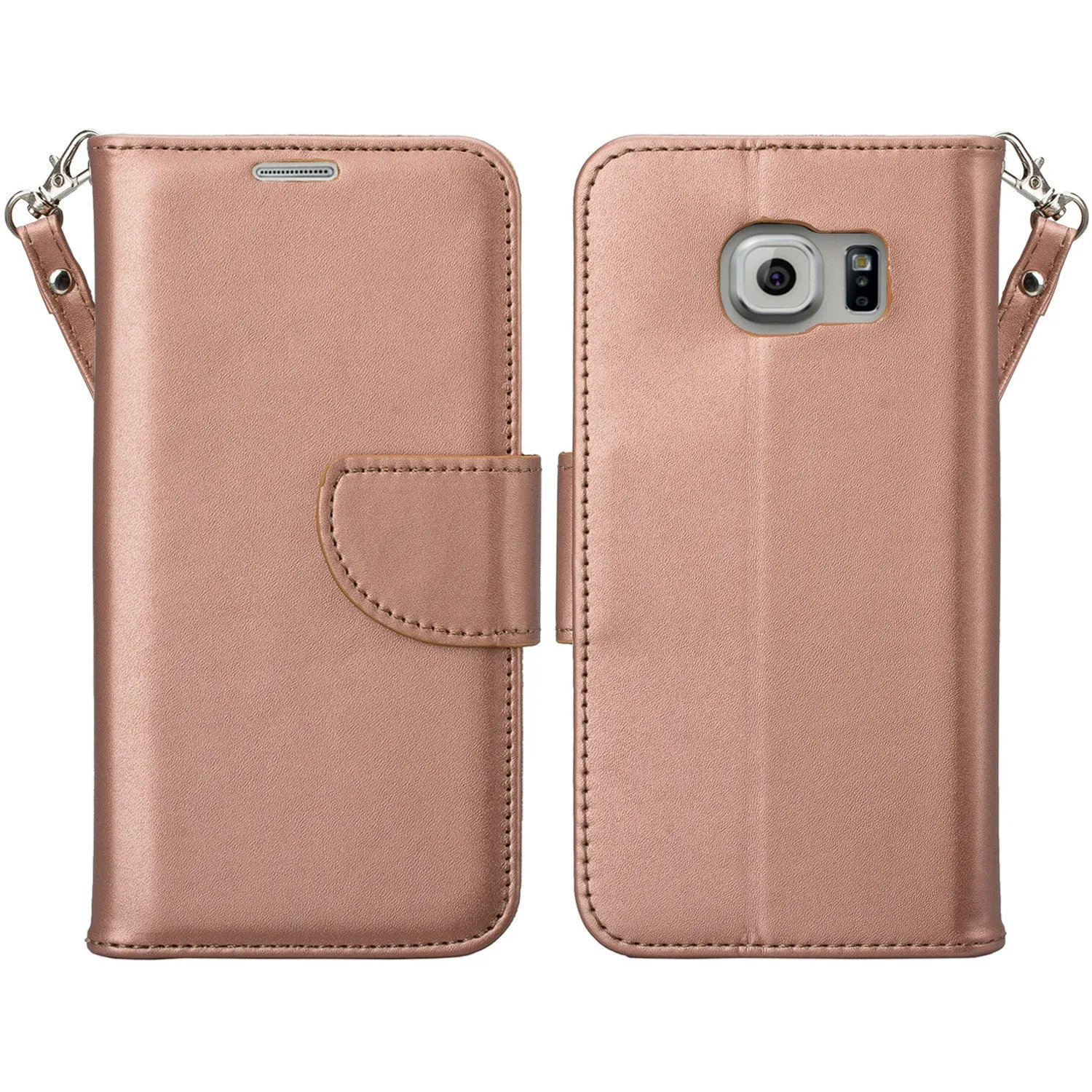 Samsung Galaxy S7 Edge Wallet Case, Wrist Strap Pu Leather Magnetic Flip Fold[Kickstand] with ID & Card Slots for Galaxy S7 Edge - Solid Rose Gold