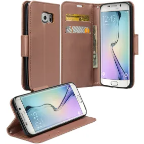 Samsung Galaxy S7 Edge Wallet Case, Wrist Strap Pu Leather Magnetic Flip Fold[Kickstand] with ID & Card Slots for Galaxy S7 Edge - Solid Rose Gold