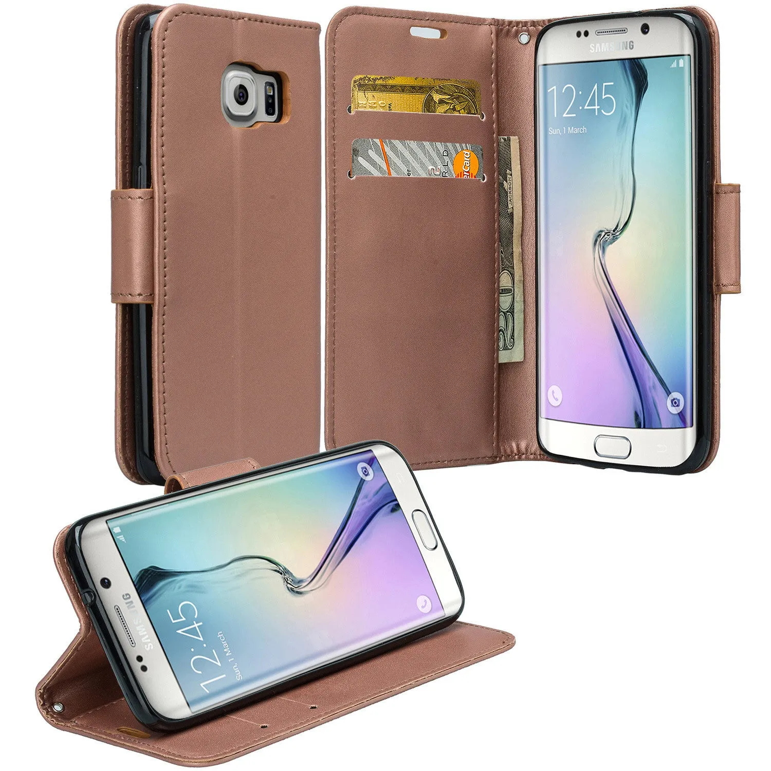 Samsung Galaxy S7 Edge Wallet Case, Wrist Strap Pu Leather Magnetic Flip Fold[Kickstand] with ID & Card Slots for Galaxy S7 Edge - Solid Rose Gold