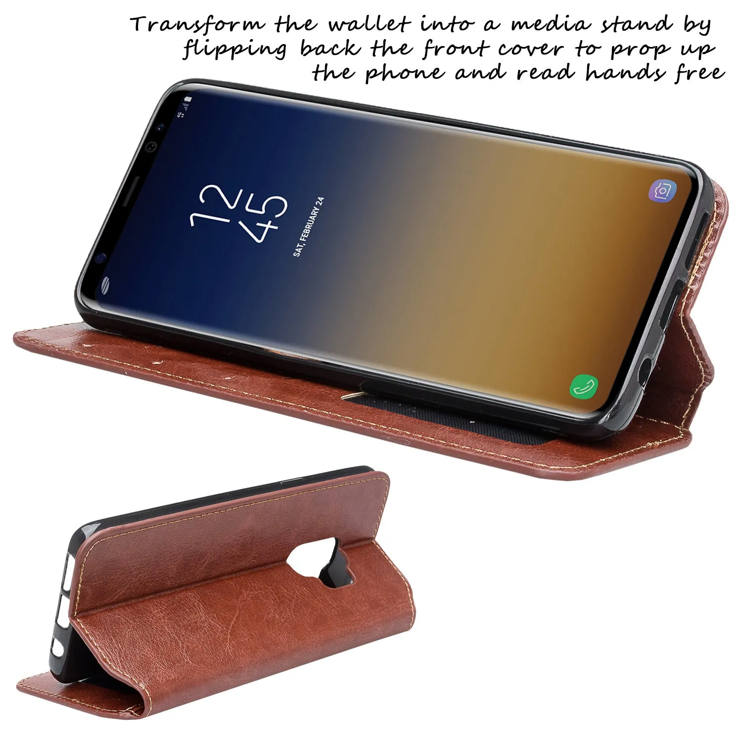 Samsung Galaxy S9 Case, SM-G960U Wallet Case, Pu Leather Wallet Case [Kickstand] with ID & Credit Card Slots - Brown