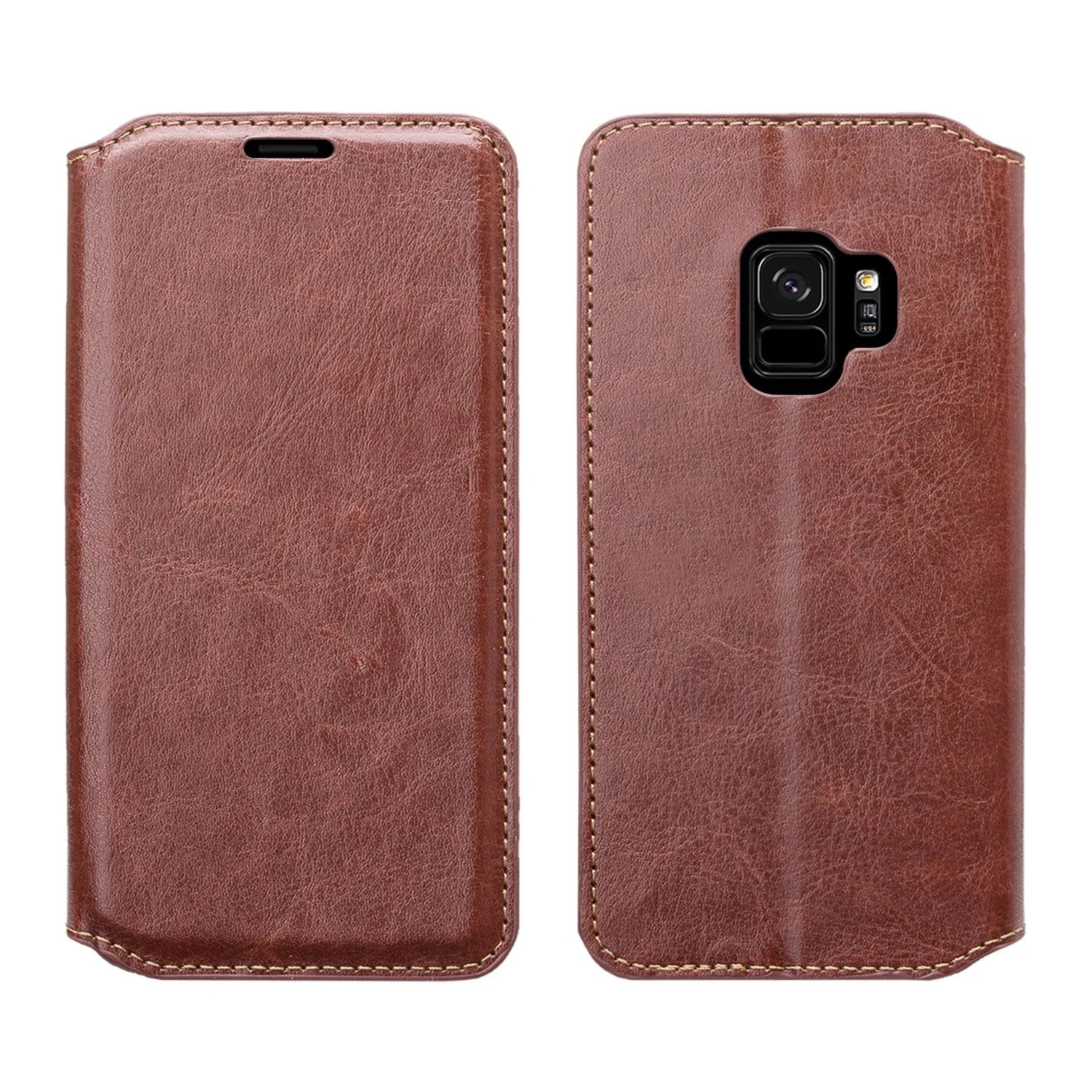 Samsung Galaxy S9 Case, SM-G960U Wallet Case, Pu Leather Wallet Case [Kickstand] with ID & Credit Card Slots - Brown