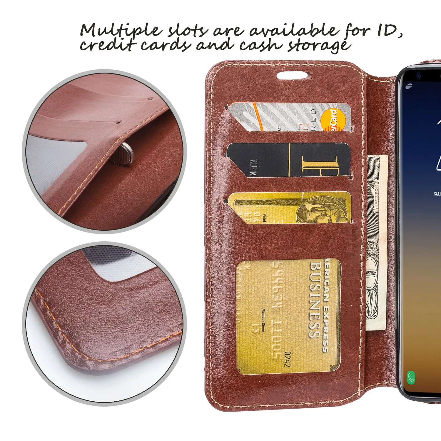 Samsung Galaxy S9 Case, SM-G960U Wallet Case, Pu Leather Wallet Case [Kickstand] with ID & Credit Card Slots - Brown