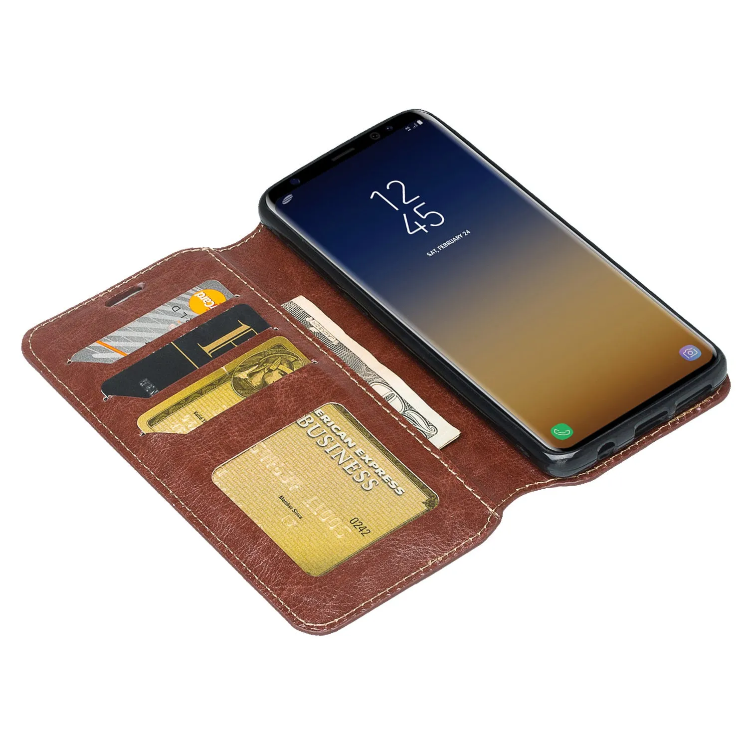 Samsung Galaxy S9 Case, SM-G960U Wallet Case, Pu Leather Wallet Case [Kickstand] with ID & Credit Card Slots - Brown