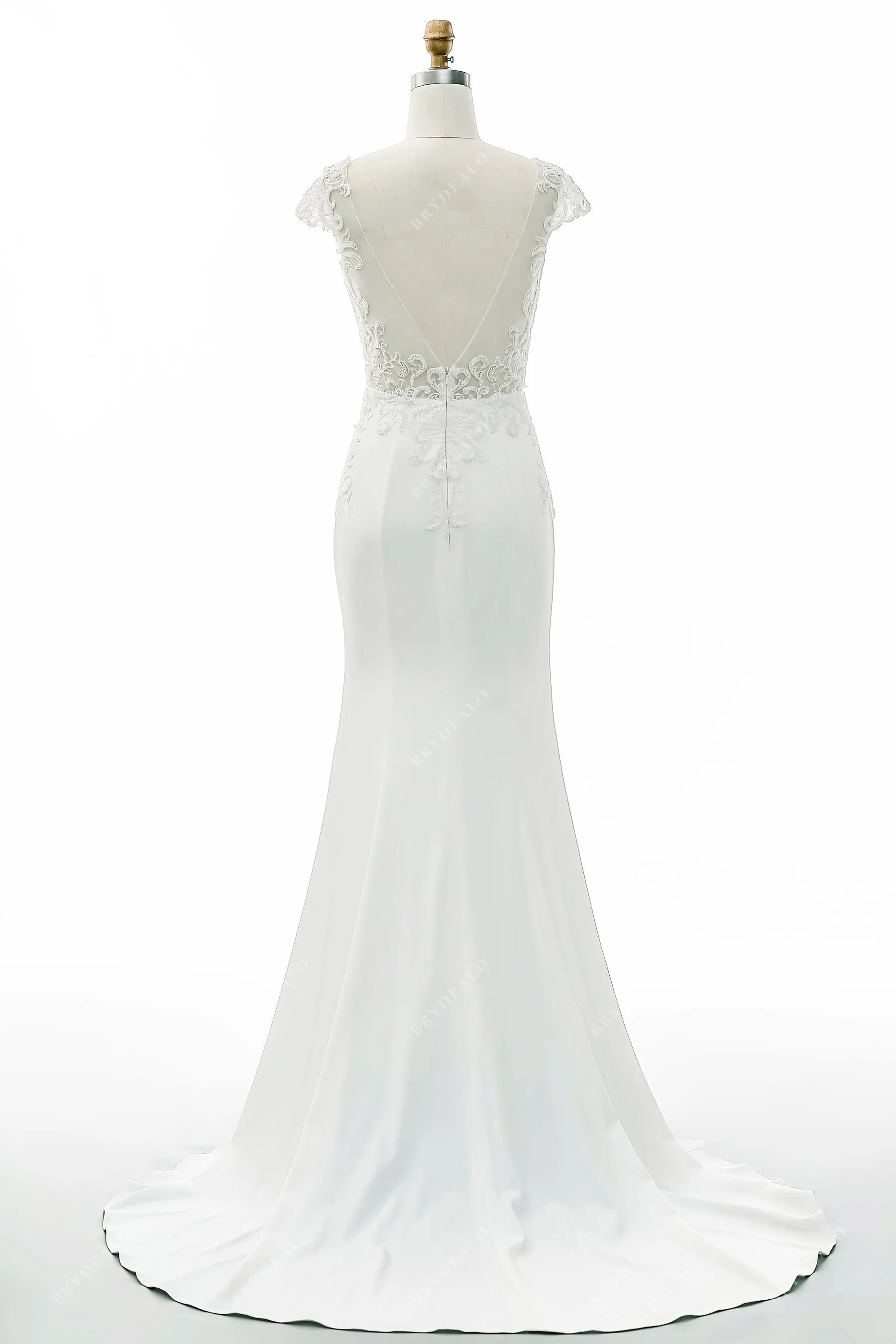 Sexy Illusion Cap Sleeve Beaded Lace Satin Mermaid Wedding Gown