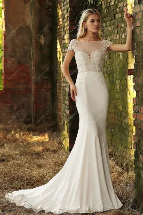 Sexy Illusion Cap Sleeve Beaded Lace Satin Mermaid Wedding Gown