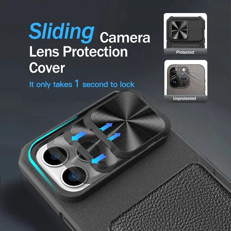 Slide Camera Lens Protection Leather Wallet Card Holder Phone Case For iPhone