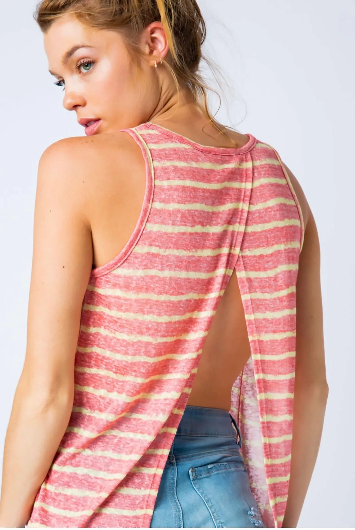 SPLIT OPEN BACK STRIPED TANK TOP