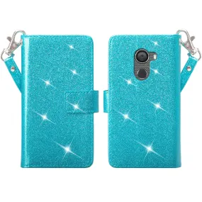 Tmobile REVVL, Alcatel A30 Plus, A30 Fierce, Alcatel Walters Case, Wrist Strap Glitter Bling Faux Leather Flip [Kickstand] Wallet Cover - Teal