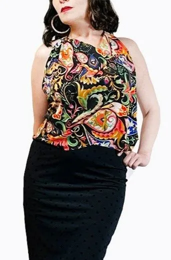 venetian print draped halter tango top with adjustable straps