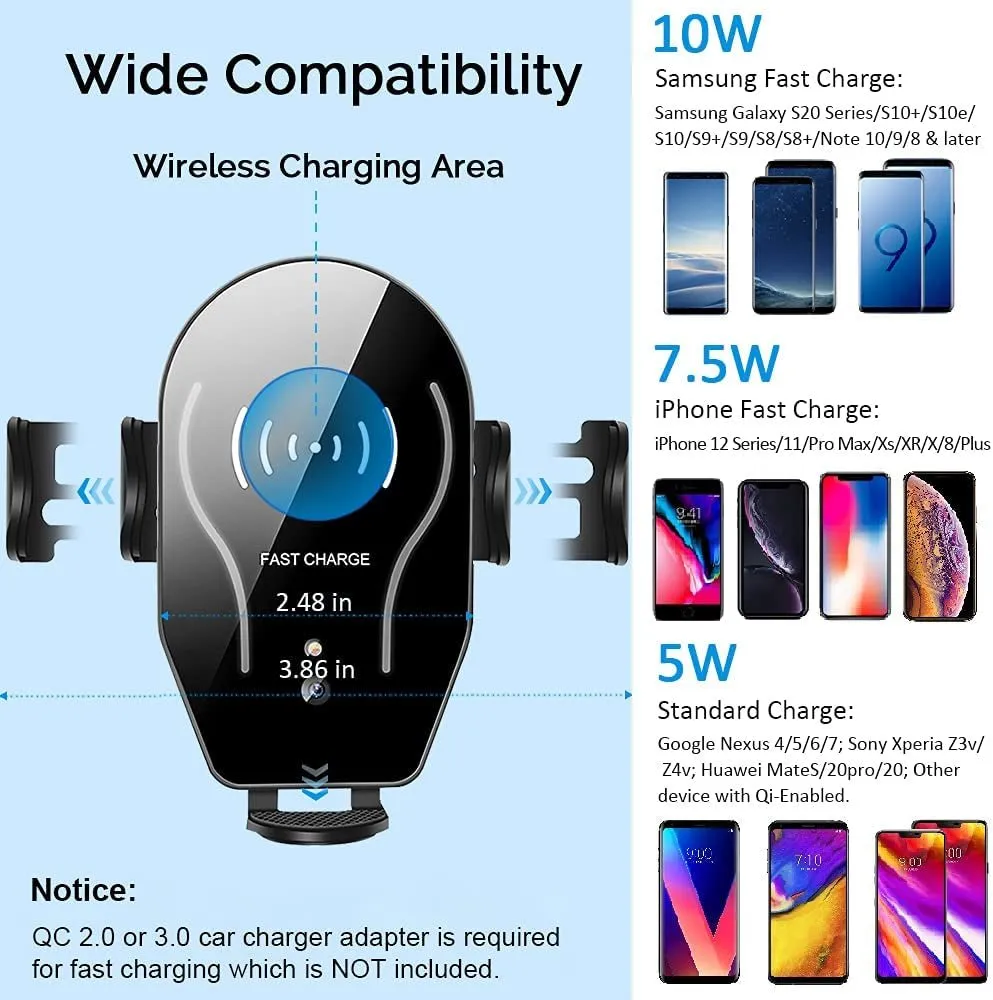 Wireless Car Charger Mount, Mikikin Auto-Clamping Qi 10W 7.5W Fast Charging Car Phone Holder Air Vent Compatible with Iphone 14/13/12/Mini/11/Pro/Pro Max/Plus/Xr/Xs/X/8, Samsung S22/S21/S20/10/Note 20