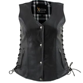 Xelement XS4505 Women's Black ‘Flannel’ Motorcycle Biker Rider Leather Vest with Snap Button Closure