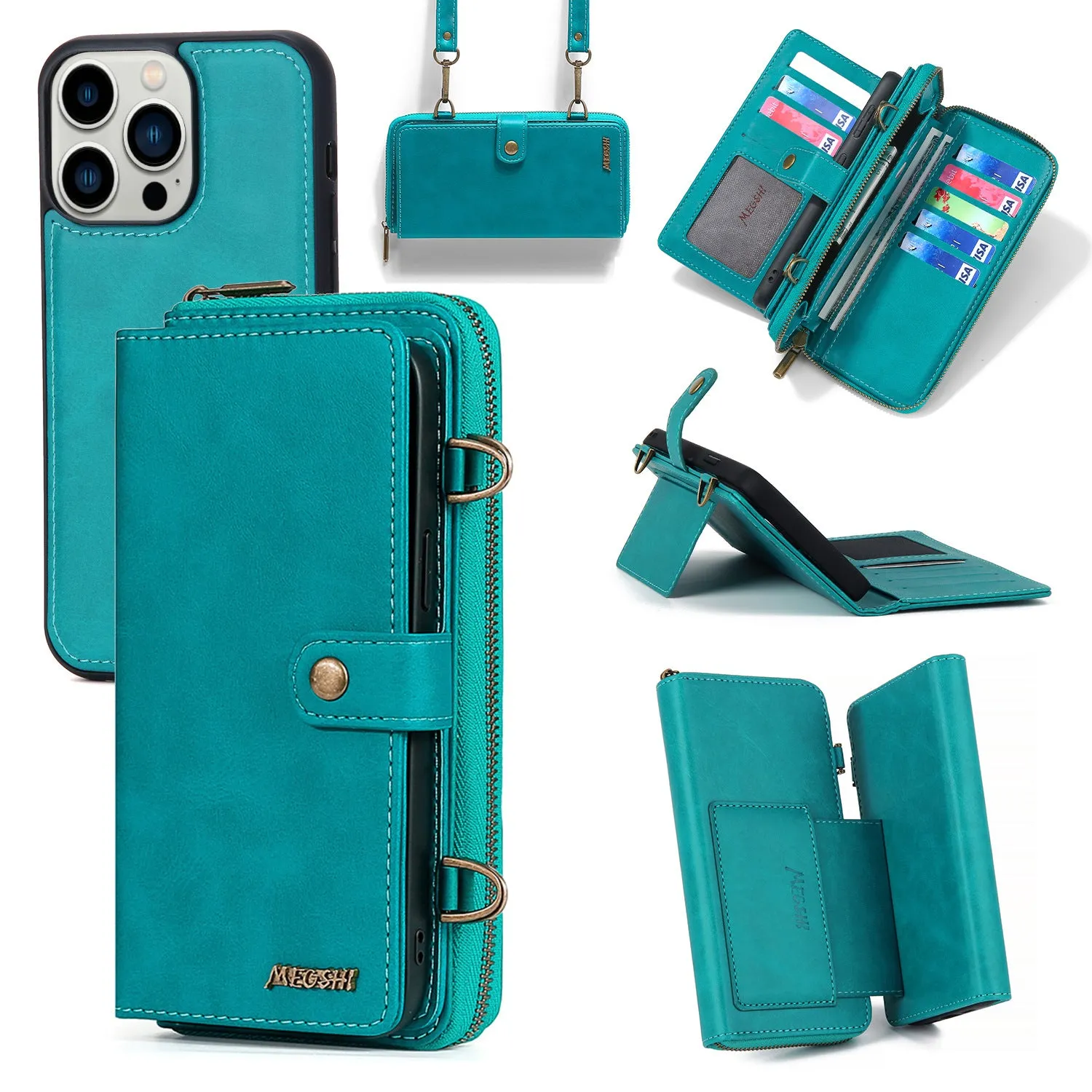 Zipper Removable Leather Women Wallet Flip Card Magnetic Case With Should Strap For iPhone