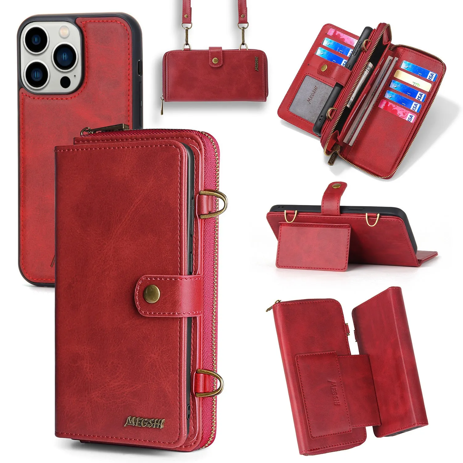 Zipper Removable Leather Women Wallet Flip Card Magnetic Case With Should Strap For iPhone