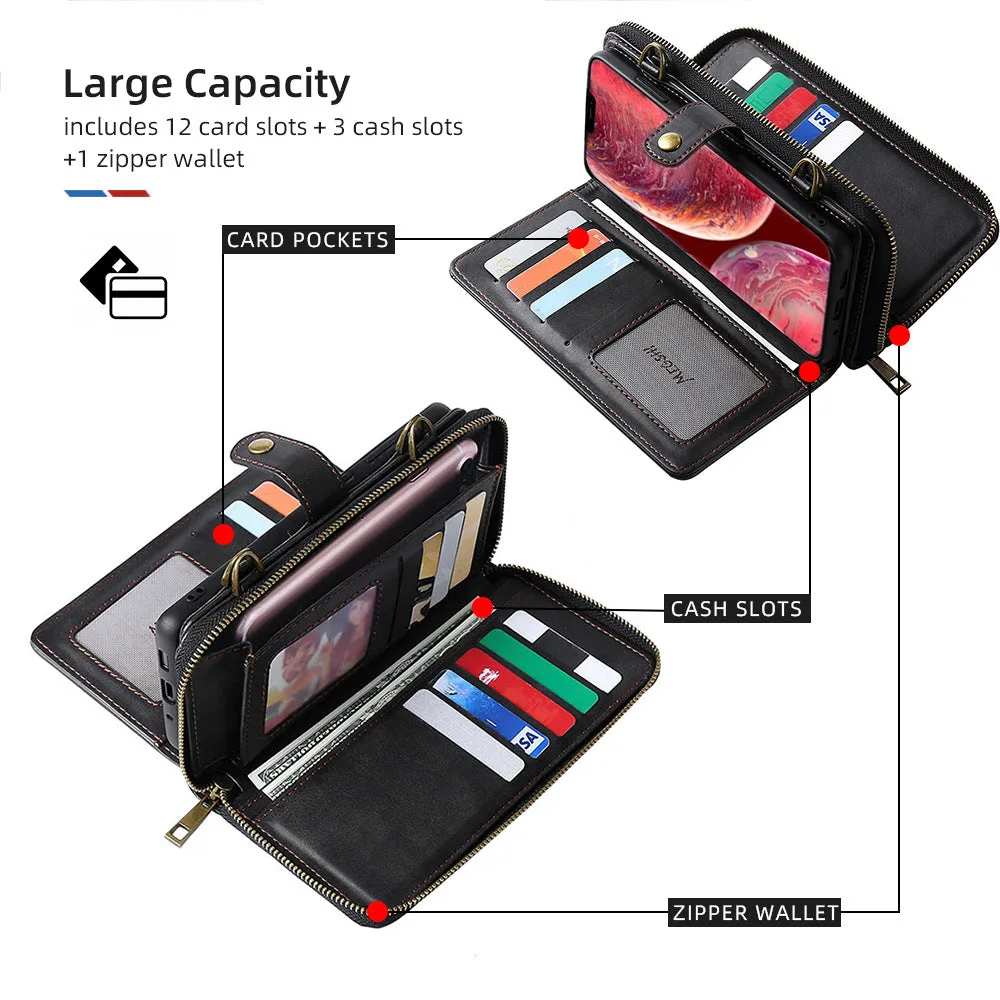 Zipper Removable Leather Women Wallet Flip Card Magnetic Case With Should Strap For iPhone