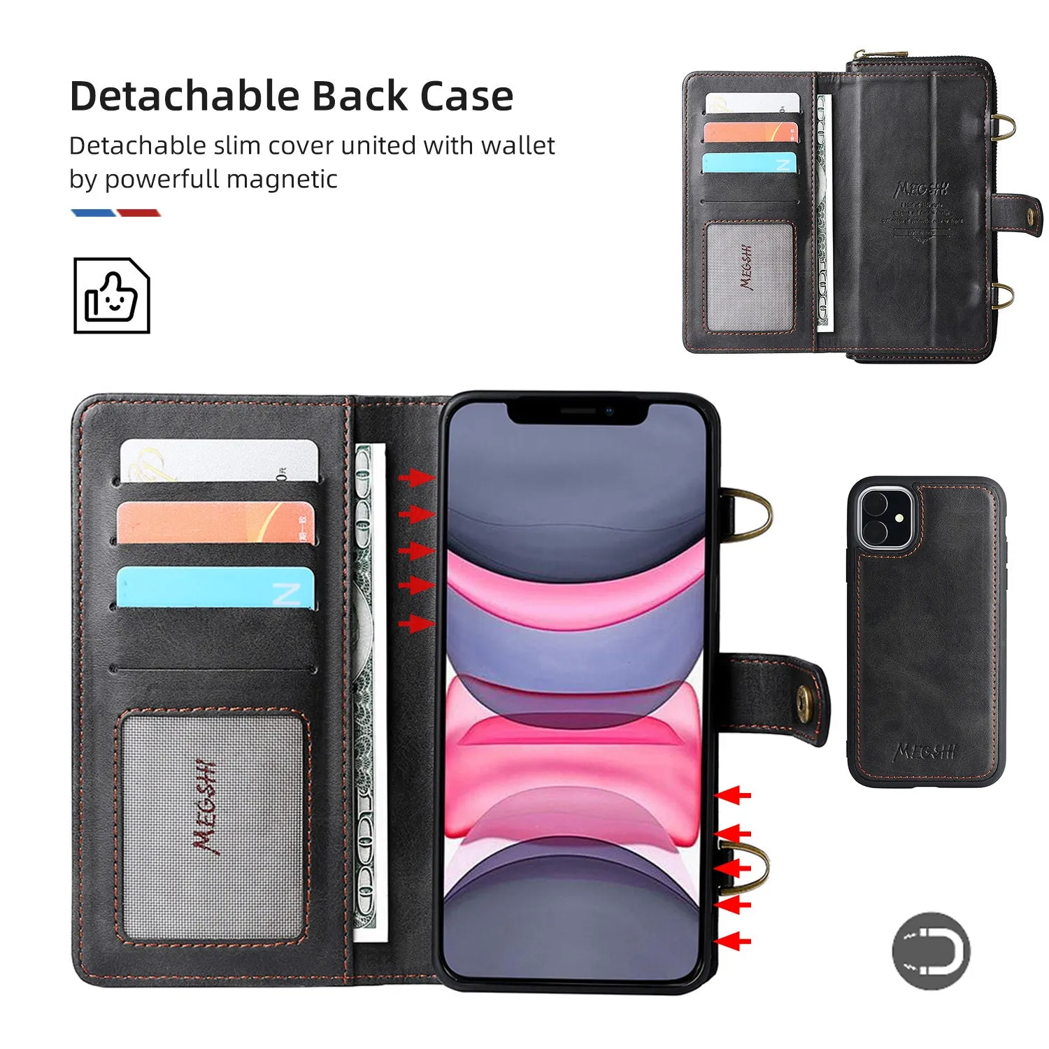 Zipper Removable Leather Women Wallet Flip Card Magnetic Case With Should Strap For iPhone