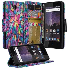 ZTE Majesty Pro, Majesty Pro Plus, Tempo Cover, Pu Leather Magnetic Fold[Kickstand] Wallet Case with ID & Card Slots - Rainbow Flower