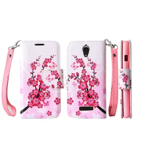 ZTE Obsidian | ZTE Z820 Case, Wrist Strap Magnetic Fold[Kickstand] Pu Leather Wallet Case with ID & Credit Card Slots for ZTE Obsidian | ZTE Z820 - Cherry Blossom